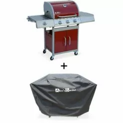 ALICE'S GARDEN Barbecue Gaz Inox 14kW – Richelieu Rouge – Barbecue 3 Brûleurs + 1 Feu Latéral. Côté Grill Et Côté Plancha. Housse De Protection Incluse - Rouge