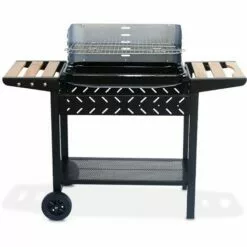 ALICE'S GARDEN Barbecue Au Charbon - Alfred - Noir Et Gris. Hauteur De Grille Ajustable. Cuve émaillée. Tablettes En Bois. étagère Et Crochets - Noir