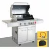 Barbecue Gaz INOX 4 Brûleurs +1 Réchaud 17.5KW,inclus Grill Et Plancha & Thermomètre, Puissance Totale 17.5KW + Kit Flexible + Housse,- PHÉNIX GREADEN - Inox