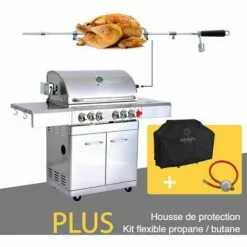 Barbecue à Gaz INOX 4 BRÛLEURS + 1 KIT RÔTISSOIRE (1 BRÛLEUR Infrarouge & TOURNEBROCHE)+ 1 Réchaud Et Thermomètre, 22KW,Grille/Plancha Inclus + Kit Flexibile + Housse - DÖNER GREADEN - Inox