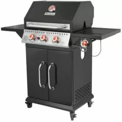 Brasero - Barbecue Perth Noir Brasero 3 Feux + 1 à Gaz - Jusqu'à 10 Convives - Surface De Cuisson 60 X 42 Cm - 2 Tablettes Dont 1 Avec Brûleur Latéral - Jauge De Température - 11,5 KW - Noir