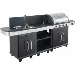 Barbecue Gaz - Grill Et Plancha - FIDGI 4 + Desserte + Evier - Cuisine D'extérieur - Cook'in Garden - Noir