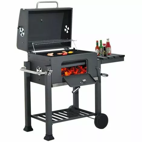 OOBEST Barbecue Charbon De Bois à 2 Roues 2 Grilles Et 1 Thermomètre En Métal Noir 6 OOBEST Barbecue Charbon De Bois à 2 Roues 2 Grilles Et 1 Thermomètre En Métal Noir – Image 4