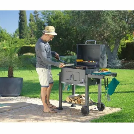 OOBEST Barbecue Charbon De Bois à 2 Roues 2 Grilles Et 1 Thermomètre En Métal Noir 7 OOBEST Barbecue Charbon De Bois à 2 Roues 2 Grilles Et 1 Thermomètre En Métal Noir – Image 5