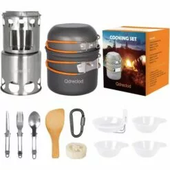 QDRECLOD Kit De Casseroles Camping Avec Le Réchaud De Camping, Casseroles Et Poëles, Pliable En Acier Inoxydable Cuillère/Fourchette/Couteau,Kit De Cuisine De Camping Pour 1-2 Personnes En Voyage Randonnée BBQ - Gris
