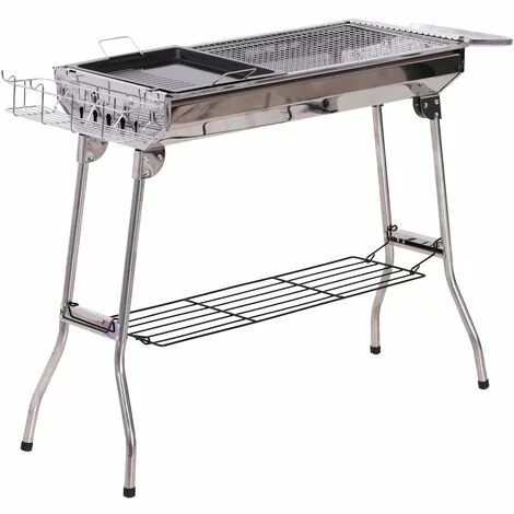 Outsunny Barbecue à Charbon Pliable Portable BBQ Grill Sur Pied Avec étagères + Grille + Plaque Cuisson Dim. 104L X 33l X 70H Cm Acier Inox. - Gris 3 Outsunny Barbecue à Charbon Pliable Portable BBQ Grill Sur Pied Avec étagères + Grille + Plaque Cuisson Dim. 104L X 33l X 70H Cm Acier Inox. - Gris