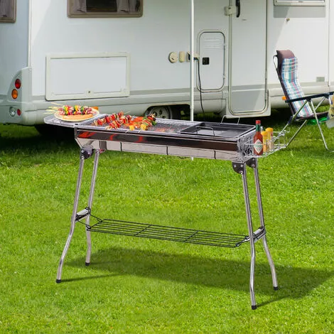 Outsunny Barbecue à Charbon Pliable Portable BBQ Grill Sur Pied Avec étagères + Grille + Plaque Cuisson Dim. 104L X 33l X 70H Cm Acier Inox. - Gris 4 Outsunny Barbecue à Charbon Pliable Portable BBQ Grill Sur Pied Avec étagères + Grille + Plaque Cuisson Dim. 104L X 33l X 70H Cm Acier Inox. - Gris – Image 2