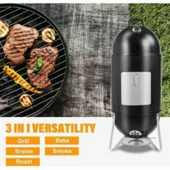 FIXKIT Barbecue Fumoir Smoker, Multifonctions BBQ Grill à Charbon, 3 En 1 Barbecue Charbon De Bois Avec Bol D'eau, 2 Grilles De Fumage Et Thermomètre, évacuation D'air Réglable, 46,5 * 46,5 * 117 Cm -France Barbecue Soldes Boutique 26727388 4