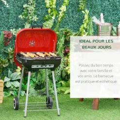 HOMCOM Barbecue à Charbon BBQ Grill Sur Pied Avec Couvercle Et Roulettes Dim. 47L X 45l X 70H Cm Acier émaillé Rouge -France Barbecue Soldes Boutique 27623413 5