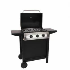 BENEFFITO LOFOTEN - Barbecue Extérieur Au Gaz 3 Brûleurs - Puissance 8,4 KW - Capot De Fermeture Avec Thermomètre - 2 Grilles En Acier Chromé, 2 Etagères Latérales, 1 Plateau Bas - 2 Roues - Noir - Noir