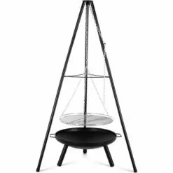 Femor Brasero Exterieur Avec Gril Suspendu, Gril Pivotant Barbecue Avec Brasero, 152cm Trépied Télescopique Et 200 Cm Chaîne Réglable En Hauteur, Ø60cm Brasero Extérieur, Ø52cm Grill