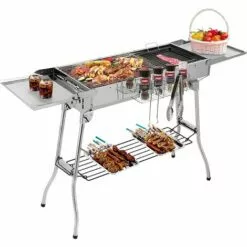 Femor Barbecue à Charbon Pliant Portable, BBQ De Table Avec Double Ailes, Pour Camping Et Pique Nique, Barbecue De Jardin, Avec Poêle à Frire Antiadhésive, 122*30*75cm