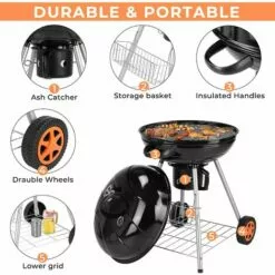 PEDY Barbecue à Charbon De Bois 22’’ Ø 57 Cm BBQ Grill Ronde En Émail Noir FUMOIR Smoker Mobile à Roulettes Système D'Aération Avec Couvercle Détachable Et Thermomètre Intégré Pour Camping Au Jardin -France Barbecue Soldes Boutique 35177923 3