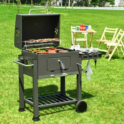 BIGZZIA Barbecue Grill - Barbecue Charbon De Bois à 2 Roues 2 Grilles Et 1 Thermomètre En Métal - Barbecue Au Charbon De Bois Avec Tablette Latérale Et Crochet Pour La Cuisine En Extérieur 3 BIGZZIA Barbecue Grill - Barbecue Charbon De Bois à 2 Roues 2 Grilles Et 1 Thermomètre En Métal - Barbecue Au Charbon De Bois Avec Tablette Latérale Et Crochet Pour La Cuisine En Extérieur