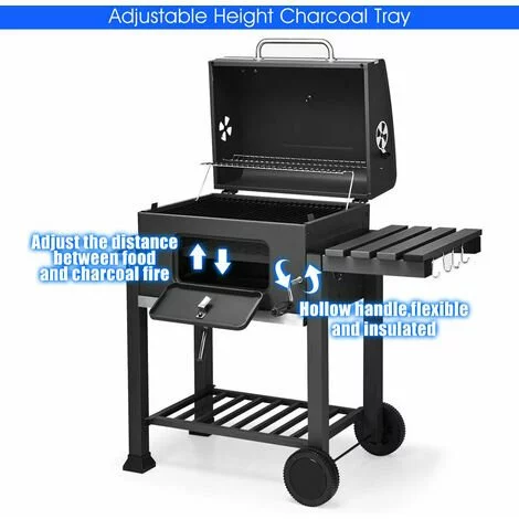 BIGZZIA Barbecue Grill - Barbecue Charbon De Bois à 2 Roues 2 Grilles Et 1 Thermomètre En Métal - Barbecue Au Charbon De Bois Avec Tablette Latérale Et Crochet Pour La Cuisine En Extérieur 5 BIGZZIA Barbecue Grill - Barbecue Charbon De Bois à 2 Roues 2 Grilles Et 1 Thermomètre En Métal - Barbecue Au Charbon De Bois Avec Tablette Latérale Et Crochet Pour La Cuisine En Extérieur – Image 3