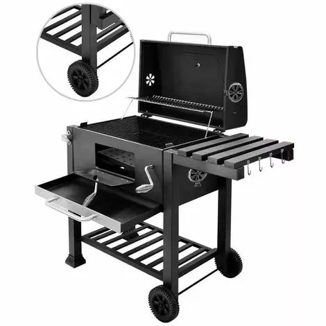 BIGZZIA Barbecue Grill - Barbecue Charbon De Bois à 2 Roues 2 Grilles Et 1 Thermomètre En Métal - Barbecue Au Charbon De Bois Avec Tablette Latérale Et Crochet Pour La Cuisine En Extérieur 7 BIGZZIA Barbecue Grill - Barbecue Charbon De Bois à 2 Roues 2 Grilles Et 1 Thermomètre En Métal - Barbecue Au Charbon De Bois Avec Tablette Latérale Et Crochet Pour La Cuisine En Extérieur – Image 5