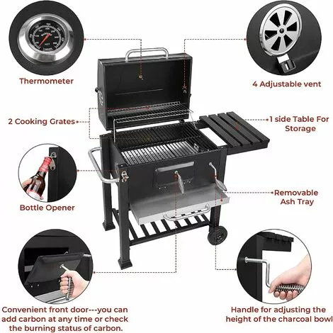 PEDY Barbecue Charbon XXL, Avec 3 Grilles De Gril, Thermomètre, Cendrier, étagères Avec Crochets (113x53,5x100 Cm) 5 PEDY Barbecue Charbon XXL, Avec 3 Grilles De Gril, Thermomètre, Cendrier, étagères Avec Crochets (113x53,5x100 Cm) – Image 3