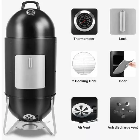 Gizcam Barbecue Fumoir 3-en-1 Avec Bol D'eau, 2 Grilles De Gril Et Thermomètre,46,5 X 46,5 X 117 Cm 4 Gizcam Barbecue Fumoir 3-en-1 Avec Bol D'eau, 2 Grilles De Gril Et Thermomètre,46,5 X 46,5 X 117 Cm – Image 2