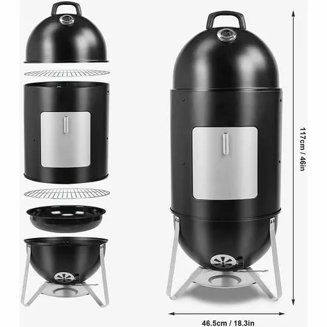 Gizcam Barbecue Fumoir 3-en-1 Avec Bol D'eau, 2 Grilles De Gril Et Thermomètre,46,5 X 46,5 X 117 Cm 5 Gizcam Barbecue Fumoir 3-en-1 Avec Bol D'eau, 2 Grilles De Gril Et Thermomètre,46,5 X 46,5 X 117 Cm – Image 3