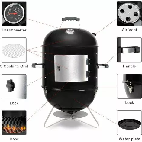 BAMNY 18'' Barbecue Fumoir Smoker, Multifonctions BBQ Grill à Charbon, 3 En 1 Barbecue Charbon De Bois Avec Bol D'eau, évacuation D'air Réglable, 3 Grilles Et Thermomètre, 64,5*47,5*90 Cm 4 BAMNY 18'' Barbecue Fumoir Smoker, Multifonctions BBQ Grill à Charbon, 3 En 1 Barbecue Charbon De Bois Avec Bol D'eau, évacuation D'air Réglable, 3 Grilles Et Thermomètre, 64,5*47,5*90 Cm – Image 2