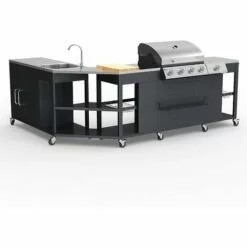 MR TUZZA Barbecue Barbecue Gaz Inox 4 + 1 Brûleurs Rack étagères évier Mustard Fr