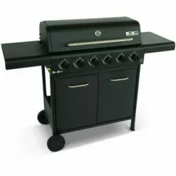 ALICE'S GARDEN Barbecue BONACIEUX Noir Et Inox Au Gaz 6 Brûleurs Avec Rangement 2 Tablettes Rabattables 2 Roues PVC - Noir
