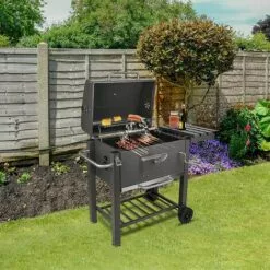 BIGZZIA Barbecue à Charbon Avec Couvercle Type Fumoir - 2 Roues + Tablette Latérale Et Crochet - 137 X 46 X 106 Cm - Noir