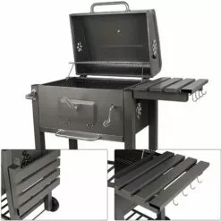 BIGZZIA Barbecue à Charbon Avec Couvercle Type Fumoir - 2 Roues + Tablette Latérale Et Crochet - 137 X 46 X 106 Cm - Noir -France Barbecue Soldes Boutique 46454101 4