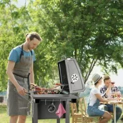 BIGZZIA Barbecue à Charbon Avec Couvercle Type Fumoir - 2 Roues + Tablette Latérale Et Crochet - 137 X 46 X 106 Cm - Noir -France Barbecue Soldes Boutique 46454101 5