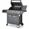 Brasero - Barbecue Emma Gun Metal 4 Feux + 1 Side - FlexiGrill - Jusqu'à 12 Convives - Surface De Cuisson 64 X 41,5 Cm - 2 Tablettes Dont 1 Brûleur Latéral - Housse De Protection - 15,1 KW - Gris Métallisé
