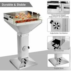 Gizcam Barbecue à Charbon, Barbecue Sur Pied En Acier Inoxydable, Réglable En Hauteur, Avec Cendrier Et Régulateur De Ventilation, 63 * 48 * 91,5cm