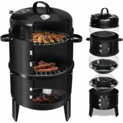 QDRECLOD Barbecue Fumoir, 3 En 1 Barbecue Smoker Avec Thermomètre, Multifonctions Fumoir A Froid, Grande Capacité Barbecues Charbon De Bois De Baril Fumoir Smoker Pour Fumoir Viande Et Poisson - Noir