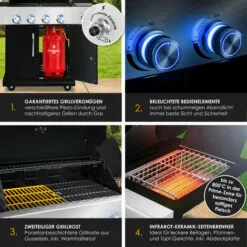 KESSER® Gril à Gaz Master BBQ Avec Thermomètre 800°C Infrarouge Et Gril, éclairage LED, Céramique 4+1 brûleurs En Acier Inoxydable XXL Chariot à Barbecue, Brûleur Latéral, Bouteille De Gaz 5-11 KG Allumage Piézoélectrique, Le Noir -France Barbecue Soldes Boutique 58107408 4