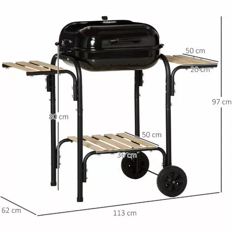 Outsunny Barbecue à Charbon - BBQ Grill Sur Pied Avec Couvercle, Roulettes - 3 étagères, 3 Crochets, 3 Ustensiles, 2 Grilles, Cuve Charbon Amovible - Bois Acier émaillé Noir - Noir 5 Outsunny Barbecue à Charbon - BBQ Grill Sur Pied Avec Couvercle, Roulettes - 3 étagères, 3 Crochets, 3 Ustensiles, 2 Grilles, Cuve Charbon Amovible - Bois Acier émaillé Noir - Noir – Image 3