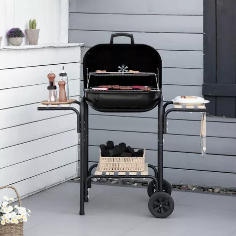 Outsunny Barbecue à Charbon - BBQ Grill Sur Pied Avec Couvercle, Roulettes - 3 étagères, 3 Crochets, 3 Ustensiles, 2 Grilles, Cuve Charbon Amovible - Bois Acier émaillé Noir - Noir 6 Outsunny Barbecue à Charbon - BBQ Grill Sur Pied Avec Couvercle, Roulettes - 3 étagères, 3 Crochets, 3 Ustensiles, 2 Grilles, Cuve Charbon Amovible - Bois Acier émaillé Noir - Noir – Image 4