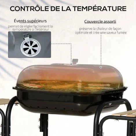 Outsunny Barbecue à Charbon - BBQ Grill Sur Pied Avec Couvercle, Roulettes - 3 étagères, 3 Crochets, 3 Ustensiles, 2 Grilles, Cuve Charbon Amovible - Bois Acier émaillé Noir - Noir 7 Outsunny Barbecue à Charbon - BBQ Grill Sur Pied Avec Couvercle, Roulettes - 3 étagères, 3 Crochets, 3 Ustensiles, 2 Grilles, Cuve Charbon Amovible - Bois Acier émaillé Noir - Noir – Image 5