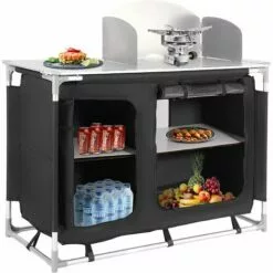BAMNY Cuisine De Camping En MDF Et Aluminium 122 X 54 X 117 Cm, Mobilier De Camping Portable Avec Protection Contre Le Vent, Compartiment De Rangement Et Sac Portable, Facile à Nettoyer, Léger