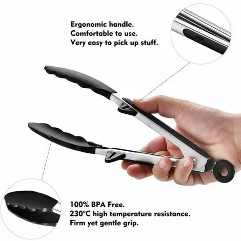 BEICHEN 9"et 12" Pince De Cuisine Barbecue Grille Pain En Acier Inoxydable 304 Et Poignée En Silicone Avec Support Et Trou De Suspension 4 BEICHEN 9"et 12" Pince De Cuisine Barbecue Grille Pain En Acier Inoxydable 304 Et Poignée En Silicone Avec Support Et Trou De Suspension – Image 2