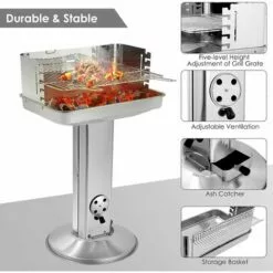 PESCE Barbecue Colonne, Barbecue à Charbon, Barbecue Sur Pied En Acier Inoxydable, Réglable En Hauteur, Avec Cendrier Et Régulateur De Ventilation, 57*38*89,5 Cm -France Barbecue Soldes Boutique 60169981 3