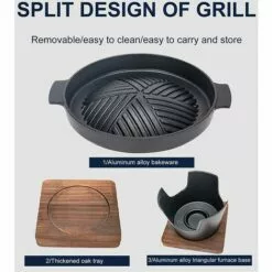 PESCE Poêles à Rôtir De Table Gril De Barbecue De Style Japonais Antiadhésif, Gril De Barbecue Au Charbon De Bois Multifonctionnel Avec Base Isolante En Bois, Gril De Barbecue En Fonte D'aluminium -France Barbecue Soldes Boutique 60170291 3