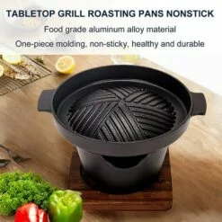 PESCE Poêles à Rôtir De Table Gril De Barbecue De Style Japonais Antiadhésif, Gril De Barbecue Au Charbon De Bois Multifonctionnel Avec Base Isolante En Bois, Gril De Barbecue En Fonte D'aluminium -France Barbecue Soldes Boutique 60170291 4