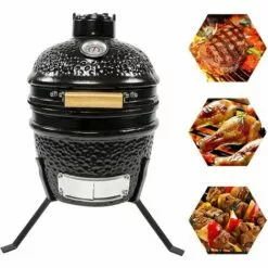 GREADEN KAMADO Ø 34 Cm Gril Barbecue Fumoir Céramique & Inox ,Thermomètre Inclus 32 X 32 X 39 Cm Pour 2 à 3 Personnes - Noir