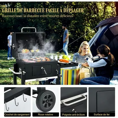 RELAX4LIFE Barbecue Au Charbon De Bois Réglable Avec Thermomètre Et Évent, Grill Barbecue Avec Étagère Latérale Et Crochets, Barbecue Mobile Avec Poignée Pour Jardin, Camping, 61 X 46 X 53,5 CM 4 RELAX4LIFE Barbecue Au Charbon De Bois Réglable Avec Thermomètre Et Évent, Grill Barbecue Avec Étagère Latérale Et Crochets, Barbecue Mobile Avec Poignée Pour Jardin, Camping, 61 X 46 X 53,5 CM – Image 2