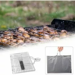 MERéTéET 1Pc Griller Panier Portable Pour Barbecue, Grand Grille Panier Rôti Pour Poisson, Légumes, Steak, Crevettes, Saucisses Avec Poignée Amovible Et Sac De Transport Facile,Couleur Argent, 32 X 22cm -France Barbecue Soldes Boutique 65789488 4