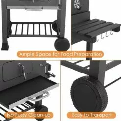 AICOK Barbecue - BBQ Grill 116,3x105,5x55,7 Cm, Avec Étagère Latérale Et Inférieure, Ouvre-Bouteille, Plateau à Charbon Réglable, 3 Grilles En Acier Inoxydable, 2 Roues, Mobilité Facile -France Barbecue Soldes Boutique 65950623 4