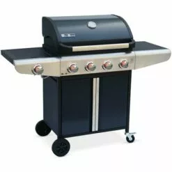 ALICE'S GARDEN Barbecue Au Gaz - Bazin Gris Anthracite - Cuisine Extérieure 5 Brûleurs Dont 1 Feu Latéral Avec Tablettes Et Thermomètre. Rangement. Roues - Noir