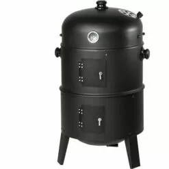 TECTAKE Barbecue 3 En 1, Grill, Fumoir, Smoker Avec Thermomètre Et Crochets Pour Fumer - Charbon De Bois Noir - Noir