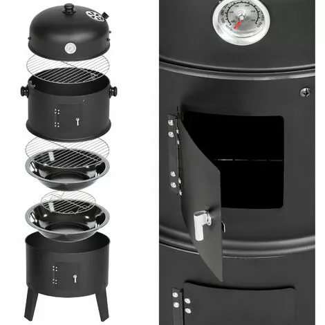 TECTAKE Barbecue 3 En 1, Grill, Fumoir, Smoker Avec Thermomètre Et Crochets Pour Fumer - Charbon De Bois Noir - Noir 6 TECTAKE Barbecue 3 En 1, Grill, Fumoir, Smoker Avec Thermomètre Et Crochets Pour Fumer - Charbon De Bois Noir - Noir – Image 4